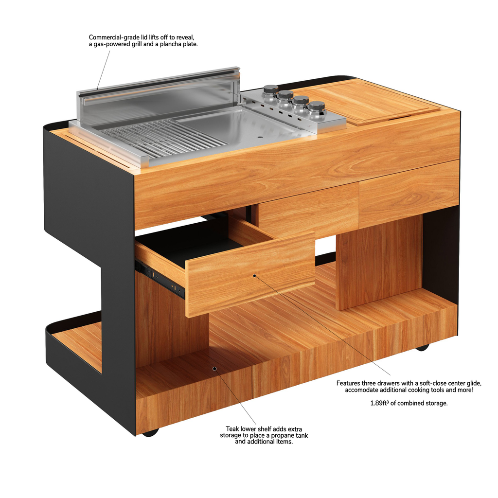 Front-facing silhouette of the Indu+ Bistro Island kitchen cart at a 45-degree angle. Commercial-grade design with gas-powered grill and plancha plate. Teak lower shelf and three drawers for storage and organization. Elevate your outdoor cooking with this stylish and functional cart.