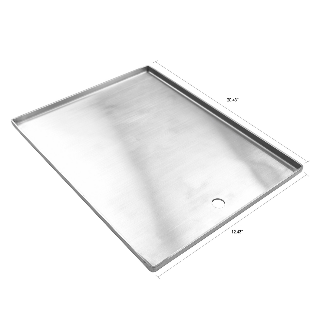 Top view of Indu+ plancha plate with precise measurements, perfect for precise cooking on the grill island